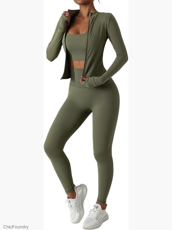 Pants - Long Sleeve Zipper Jacket with High Waist Leggings Workout Set